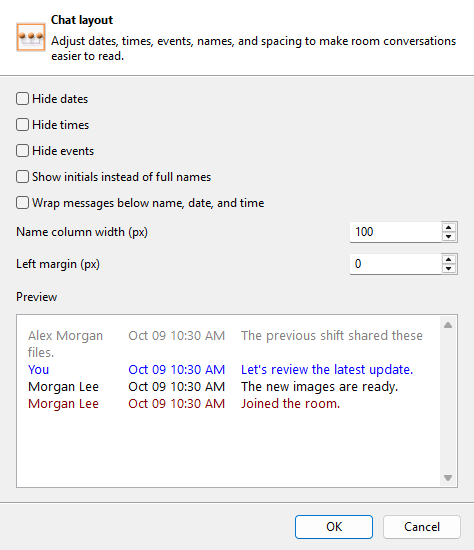 Layout in the Instant Team Sessions offline preview