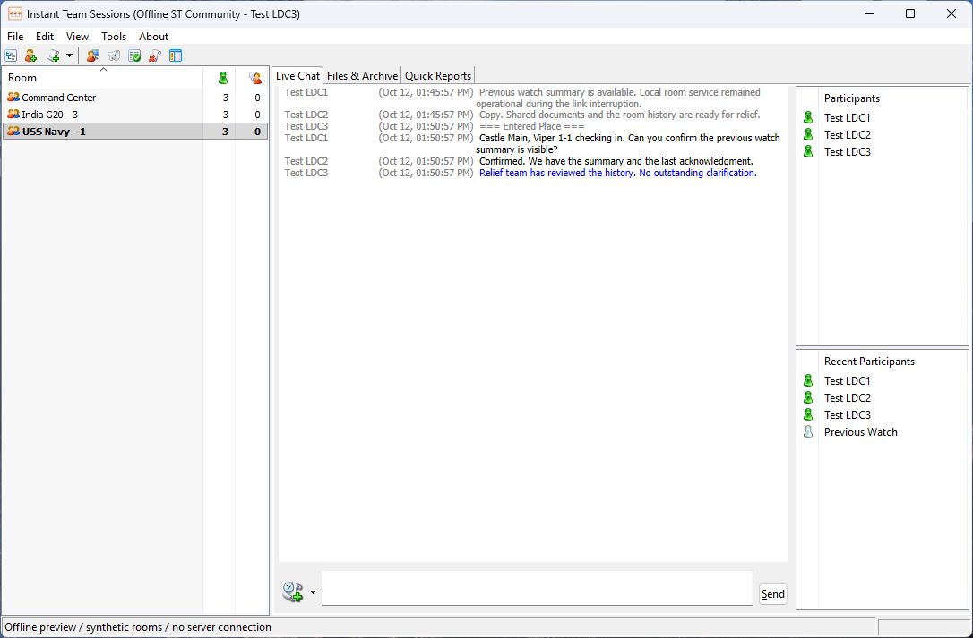 Room list, participants & message entry in the Instant Team Sessions offline preview