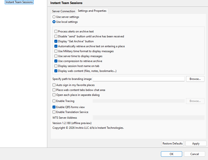 Settings and Properties in the Instant Team Sessions offline preview