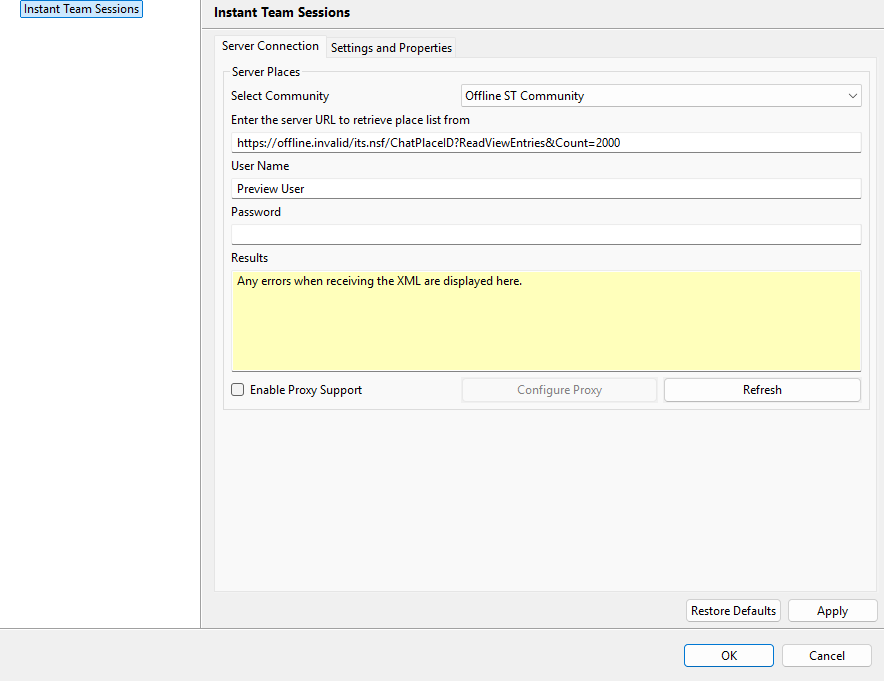 Server Connection in the Instant Team Sessions offline preview