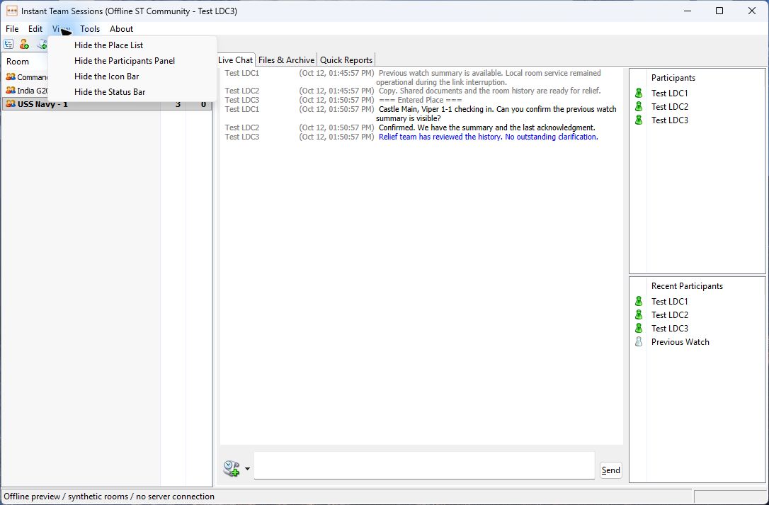 View menu in the Instant Team Sessions offline preview